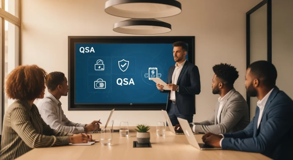 Chuyên gia QSA chia sẻ kiến thức chuyên sâu về bảo mật dữ liệu thẻ thanh toán, mang đến sự tin cậy và an tâm cho giới doanh nhân và chuyên gia công nghệ. Buổi thảo luận tại phòng họp hiện đại nhấn mạnh tầm quan trọng của vai trò QSA trong kỷ nguyên số.