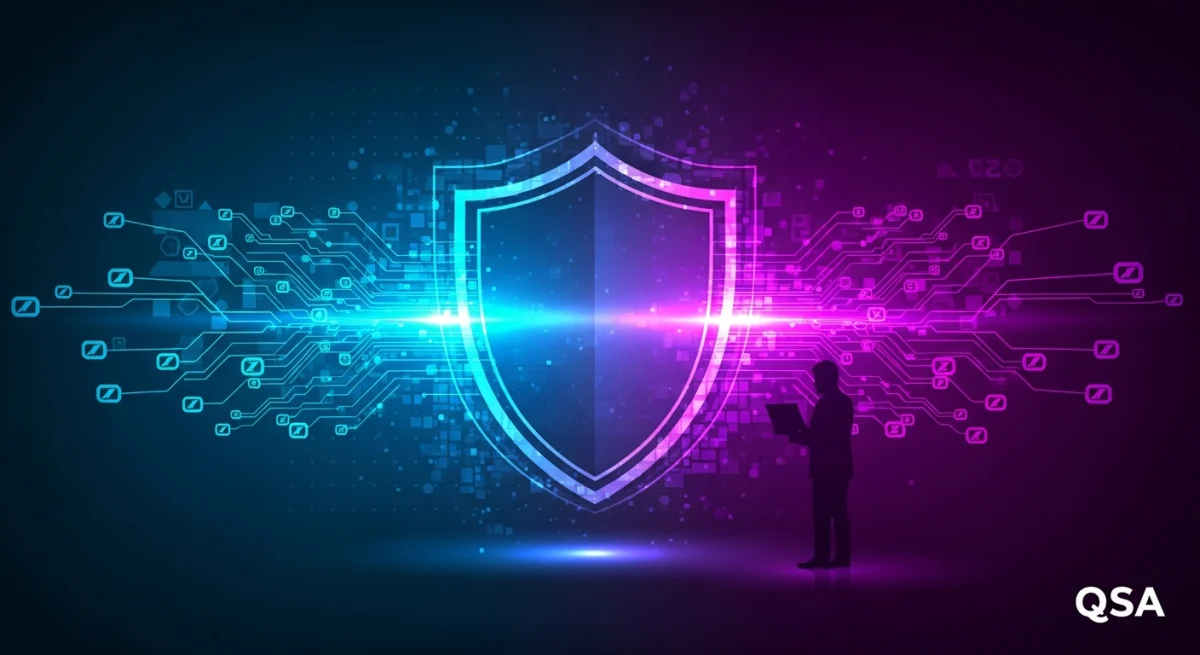 Thế giới số và an ninh mạng giao thoa, nơi dữ liệu được bảo vệ bởi lá chắn kỹ thuật số vững chắc. Chuyên gia QSA luôn túc trực, đảm bảo an toàn cho mọi luồng thông tin.